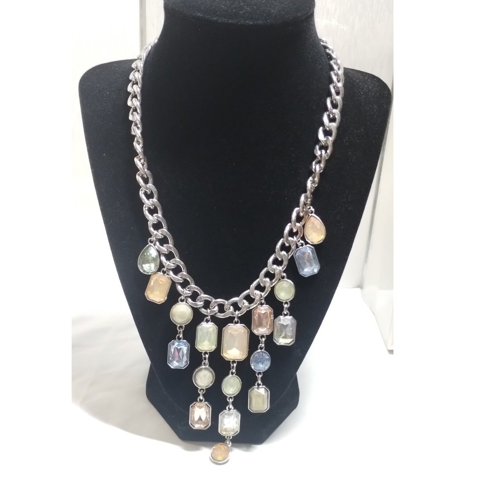 Silver Tone Pastel Crystal Statement Necklace Curb Chain Multicolor Bib 17 Inch